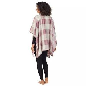 Cuddl Duds Lilac Purple & White Square Plaid Plush Reversible Poncho Sweater L